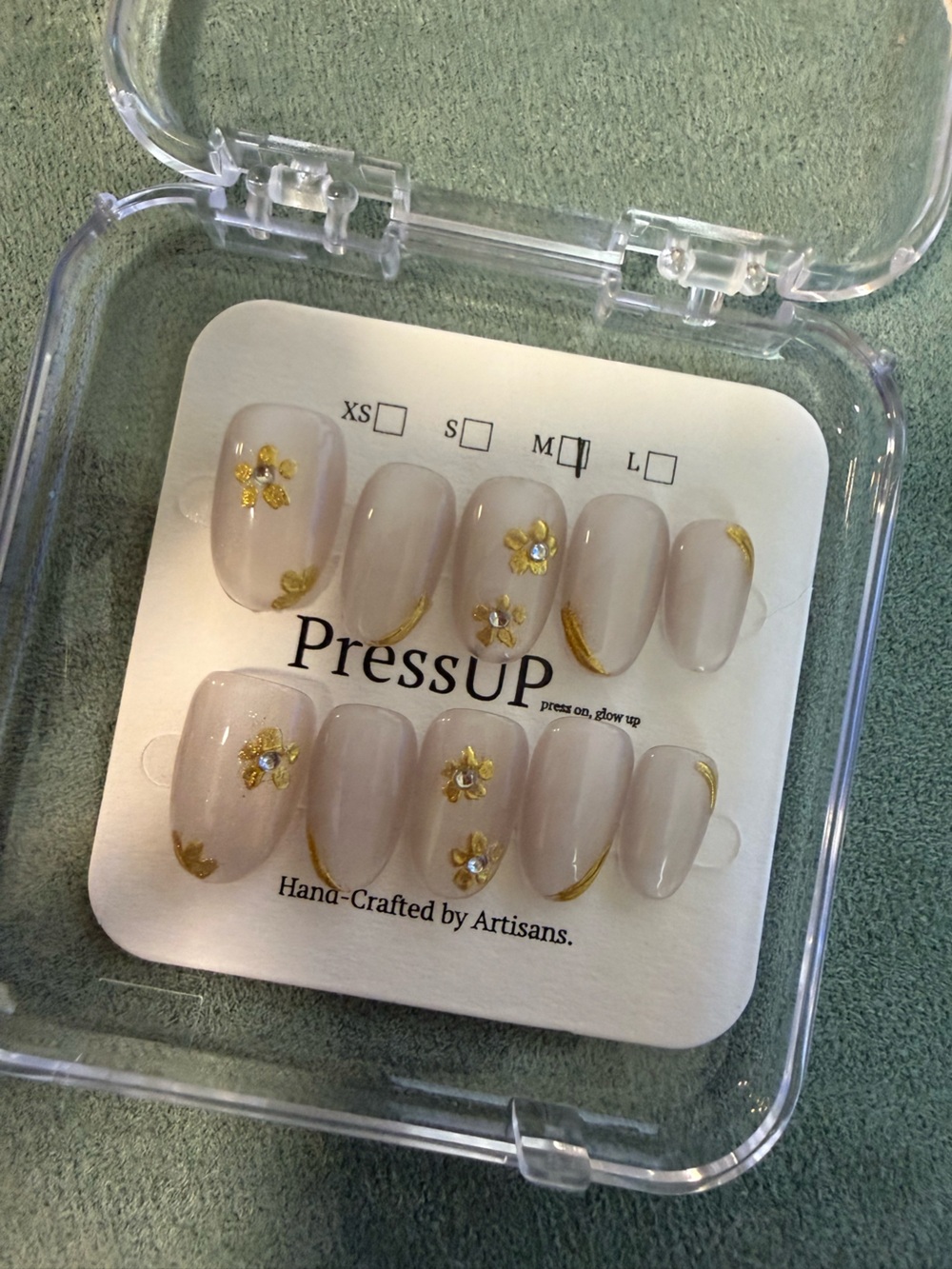 Nude Press-On Nails with Gold Floral Accents